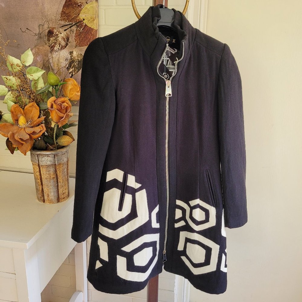 Desigual Black and White Geometric Print Coat US 6/8 - Picture 1 of 12